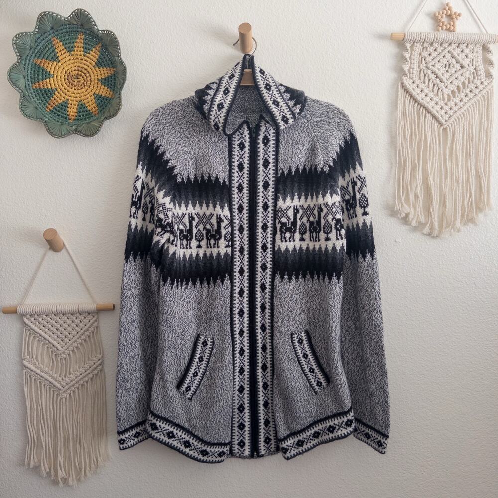 Artesania Edm Peruvian Alpaca Knit Hooded Sweater Zip Up Cardigan XL Gray Black
